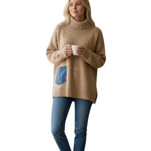 Elegant Tan Turtleneck Sweater with Denim Pocket By Shannon Passero Size 0/S